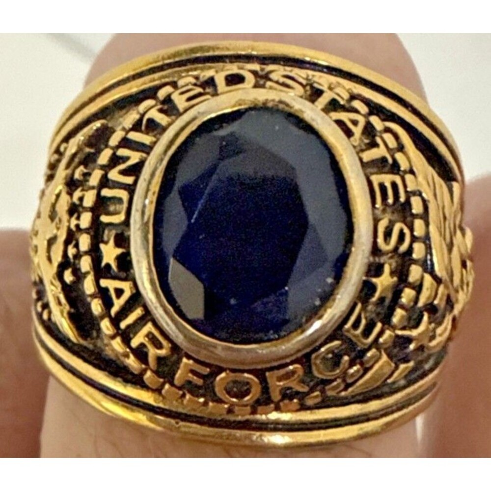 US Air Force Military Ring Gold Color Stainless Steel Blue Stone Size 13 3/4